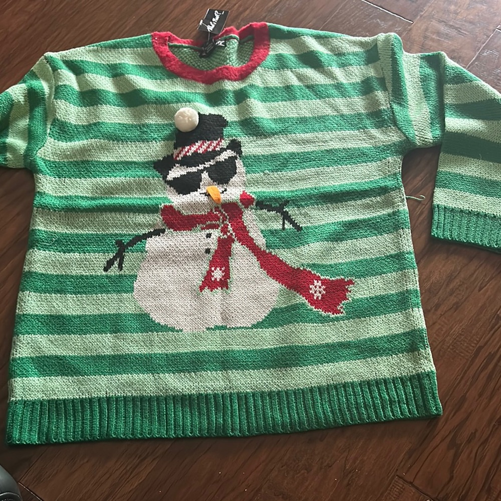 What’s Next Green Striped Snowman Sweater